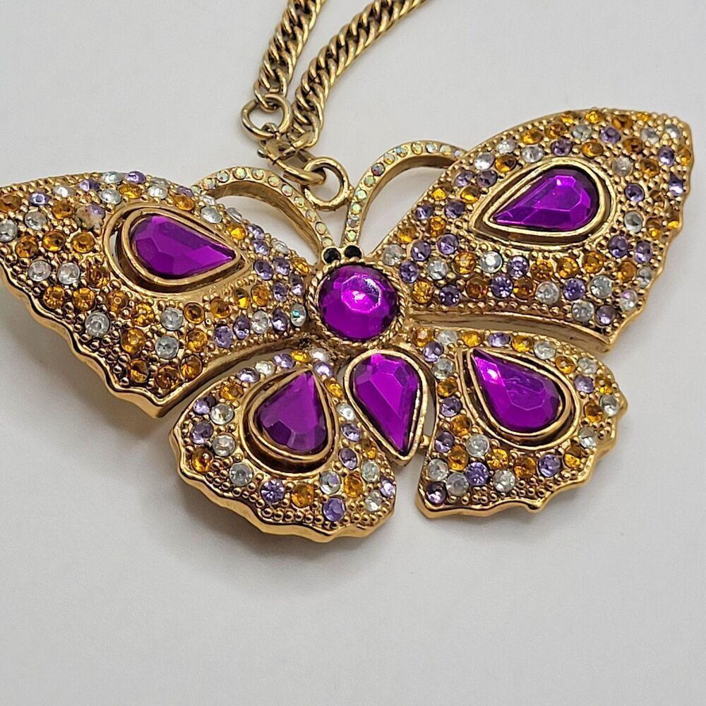 Designer Vintage Sturdy Chunky Purple Butterfly Necklace 30in